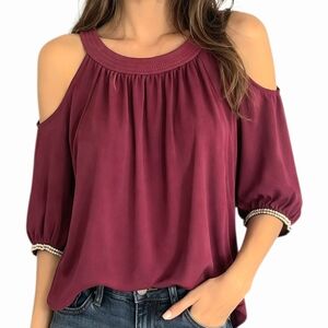 Trina Turk  Burgundy Sicily Cold Shoulder Blouse Rhinestone Sleeves Size Xl
